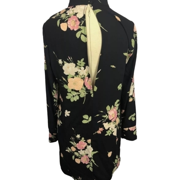 Leith Whimsigoth black floral long sleeve plunging keyhole back short dress sz S - Picture 2 of 7